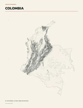 Contour line topographic map of Colombia, minimalist elevation isolines on cr Stock Illustration