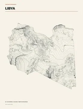 Contour line topographic map of Libya, minimalist elevation isolines on cream Stock Illustration