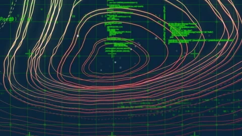 Contour lines and green code text creating digital topographic map animation Stock Footage 305080311