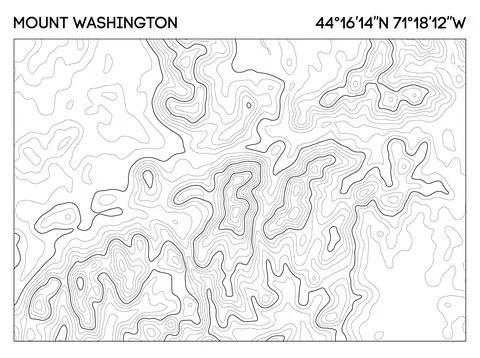 Contour map of Mount Washington with elevation details and precise latitude Stock-Illustration