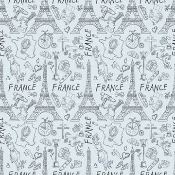Contour seamless illustration, pattern 1 travel to Europe France, symbols and Stock Illustration