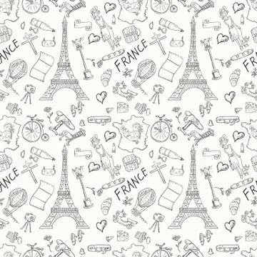 Contour seamless illustration, pattern 2 travel to Europe France, symbols and Stock Illustration