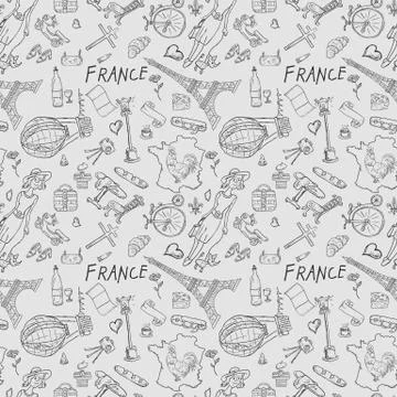 Contour seamless illustration, pattern 3 travel to Europe France, symbols and Stock Illustration