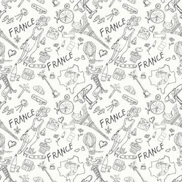 Contour seamless illustration, pattern 4 travel to Europe France, symbols and Stock Illustration
