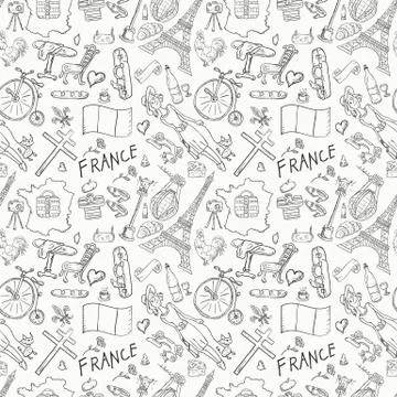 Contour seamless illustration, pattern 5 travel to Europe France, symbols and Stock Illustration