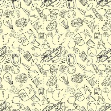Contour seamless pattern of icons and symbols for business on yellow backgrou Stock Illustration