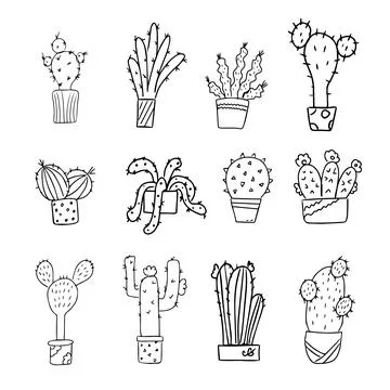 Contour set of cacti in pots. Coloring book in black and white. Illustrazione stock