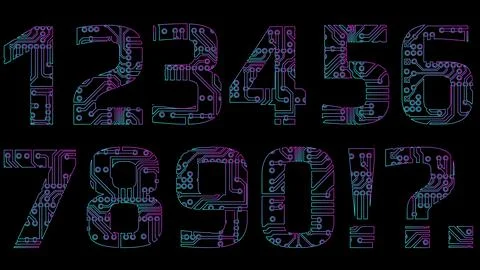 Contour set of digits in digital style perforated with PCB circuit board tracks Stock Illustration