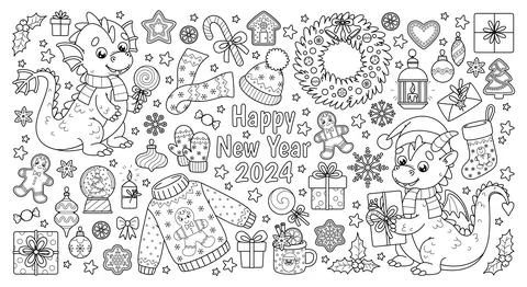 Contour set of New Year elements and cute dragons Stock Illustration