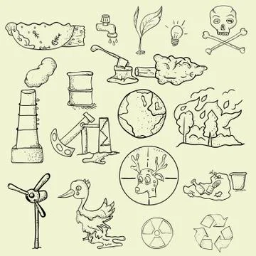 Contour sketch set of design elements on the subject of environmental polluti Stock Illustration
