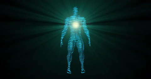 Contour, sliced  3d man with glowing light rays emanting from chest Stock Footage 68762482