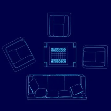 Contour sofa, armchairs and table with chess. Top view. Vector illustration Stock Illustration