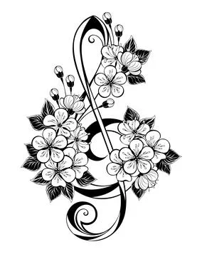 Contour treble clef with sakura Stock Photos