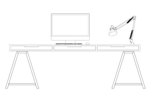 The contour of the workplace with a computer on the table and a lamp made of Illustrazione stock