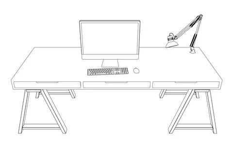 The contour of the workplace with a computer on the table and a lamp made of Stockillustratie