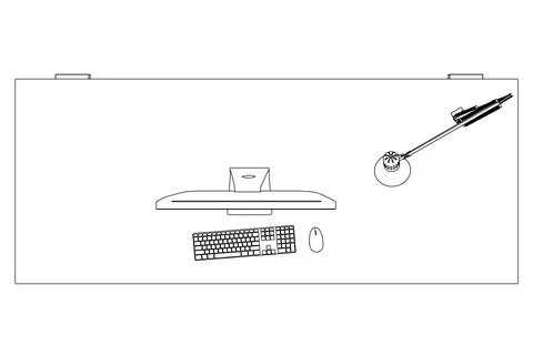 The contour of the workplace with a computer on the table and a lamp made of Stock Illustration