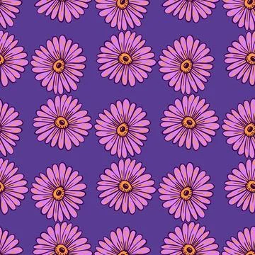 Contoured doodle sunflower elements seamless pattern. Purple background. Lila Stock Illustration
