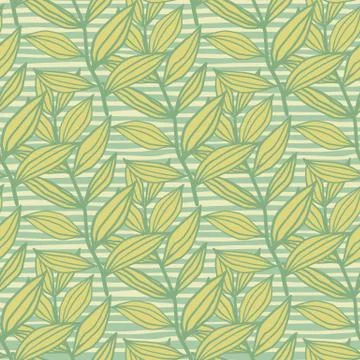 Contoured geometric doodle seamless pattern with leaves. Floral artwork in gr Stock Illustration
