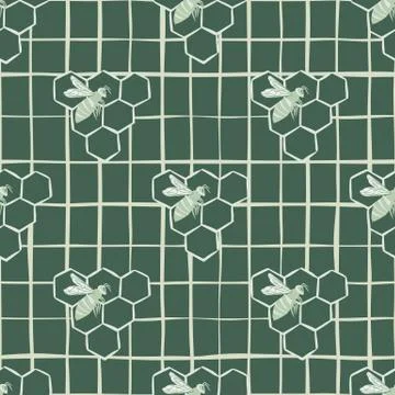 Contoured seamless pattern with bees and honeycombs. Chequered background. Wh Stock Illustration