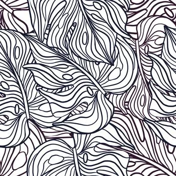 Contoured seamless pattern with decorative monstera leaf shapes print. Hand d Illustrazione stock
