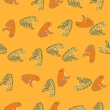 Contoured seamless pattern with hand drawn outline frog silhouettes print. Or Stock Illustration