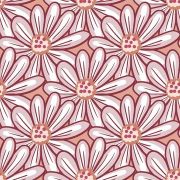 Contoured spring time seamless pattern with doodle daisy flowers ornament. Pi 스톡 일러스트