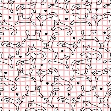 Contours of cute funny cats in different poses. Vector seamless pattern. Hand Stock Illustration