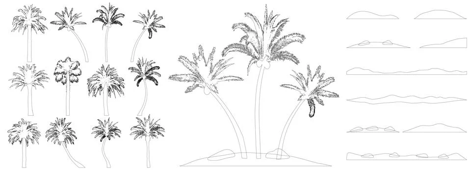 Contours of palm trees, constructor kit. Beautiful palm trees, sand, stone... Stock Illustration