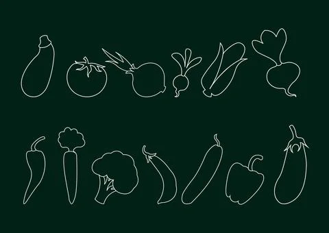 Contours of vegetables set. corncob, radish, beet, pea pod, zucchini, eggplan Stock Illustration