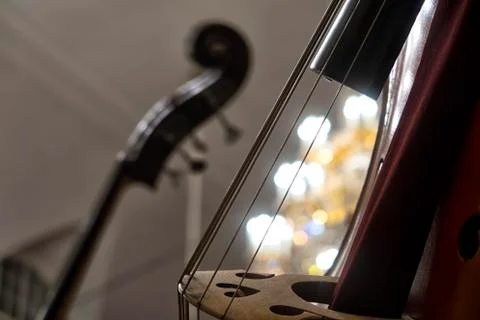 Contrabass on stage in front of an empty hall Stock Photos