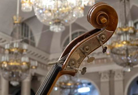Contrabass on stage in front of an empty hall Stock Photos