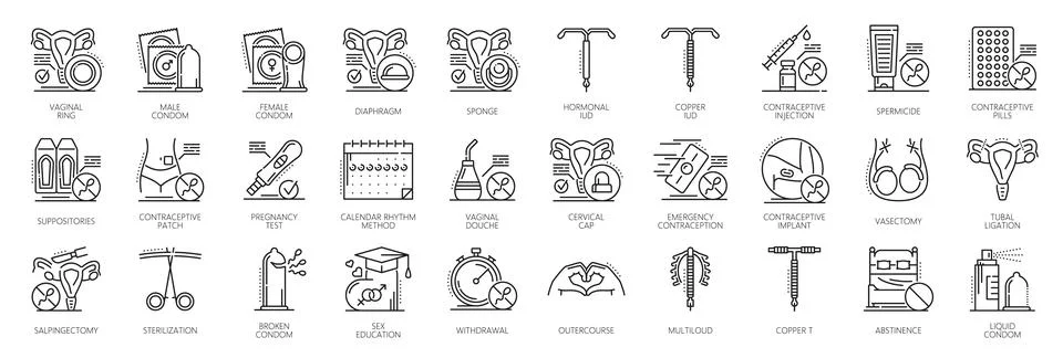Contraception and birth control methods icons Stock Illustration