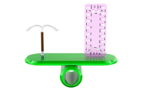 Contraception choice. Contraception methods comparison iud and pills. 3D re.. イラスト素材