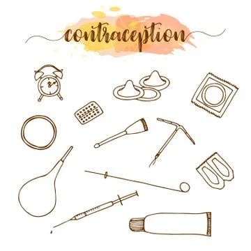 Contraception methods hand drawn set. Birth control vector illustration Stock Illustration