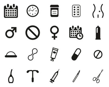 Contraception Methods Icons Black &amp; White Set Big Illustrazione stock