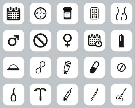 Contraception Methods Icons Black &amp; White Flat Design Set Big Stock Illustration