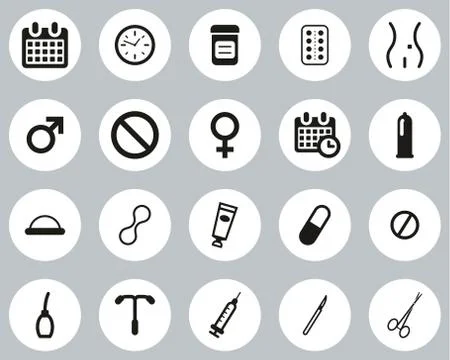 Contraception Methods Icons Black &amp; White Flat Design Circle Set Big Illustrazione stock