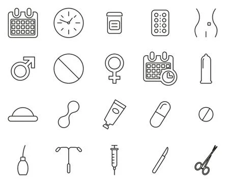 Contraception Methods Icons Thin Line Set Big Illustrazione stock