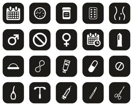 Contraception Methods Icons White On Black Flat Design Set Big Stock Illustration