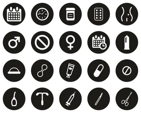 Contraception Methods Icons White On Black Flat Design Circle Set Big Stock Illustration