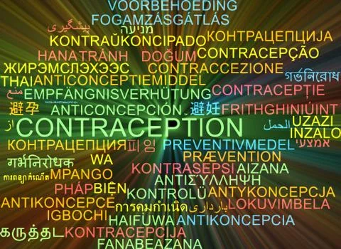 Contraception multilanguage wordcloud background concept glowing Stock Illustration