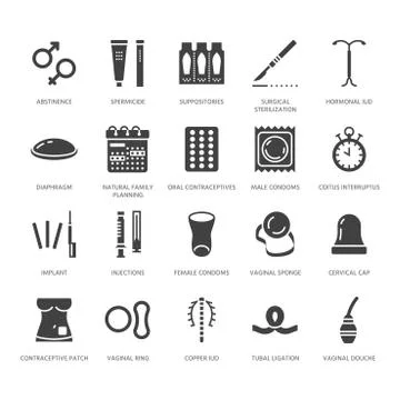 Contraceptive method flat glyph icons. Birth control equipment, condoms, oral Illustrazione stock