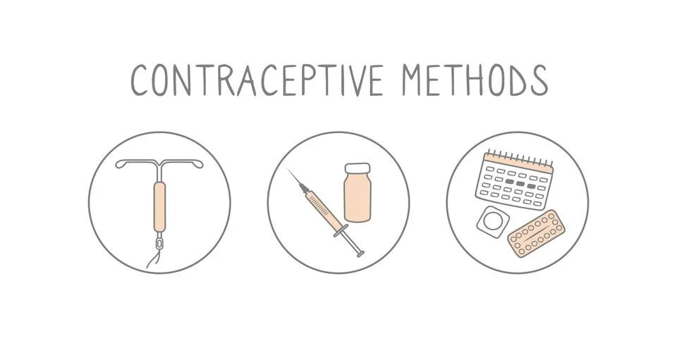 Contraceptive methods icon set. Prevent pregnancy linear simple illustration. Stock Illustration