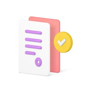 Contract agreement document confirmation paper sheet with done checkmark 3d i Stock Illustration