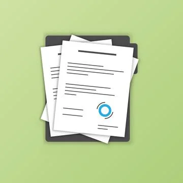 Contract document icon in flat style. Report with signature and approval stam Stock Illustration