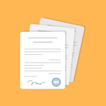 Contract document icon in flat style. Report with signature and approval stam 库存插图
