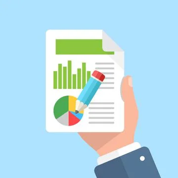 Contract document with pencil in hand illustration in flat style. Report vect Illustrazione stock
