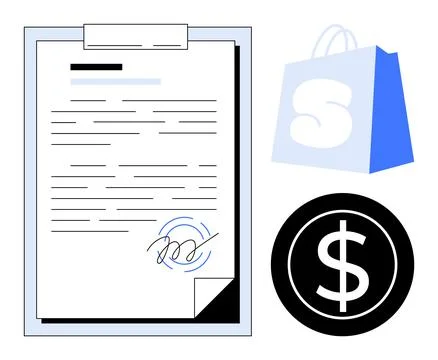 Contract Document with Shopping Bag and Dollar Sign for E-commerce and Fina.. Stock Illustration