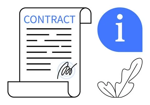 Contract Document with Signature, Information Icon, and Decorative Leaf Eleme Stockillustratie