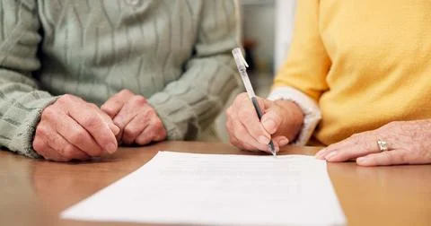 Contract, hands or old couple in house with signature, estate sale or agreement Stock Photos